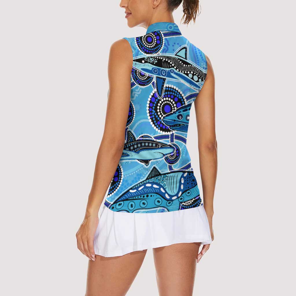 Sharks Aboriginal Australia Women Sleeveless Polo Shirt Indigenous Art Blue