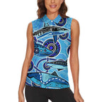 Sharks Aboriginal Australia Women Sleeveless Polo Shirt Indigenous Art Blue