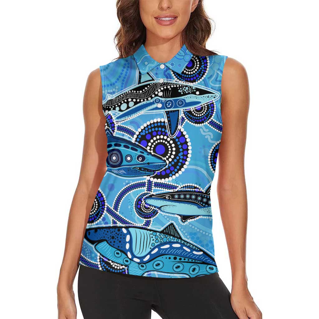 Sharks Aboriginal Australia Women Sleeveless Polo Shirt Indigenous Art Blue
