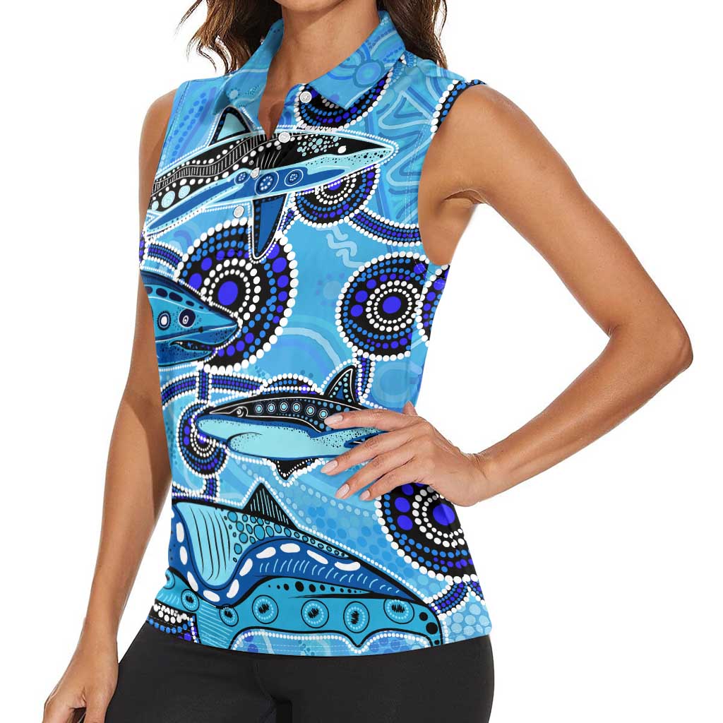 Sharks Aboriginal Australia Women Sleeveless Polo Shirt Indigenous Art Blue