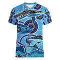 Sharks Aboriginal Australia Women V-Neck T-Shirt Indigenous Art Blue