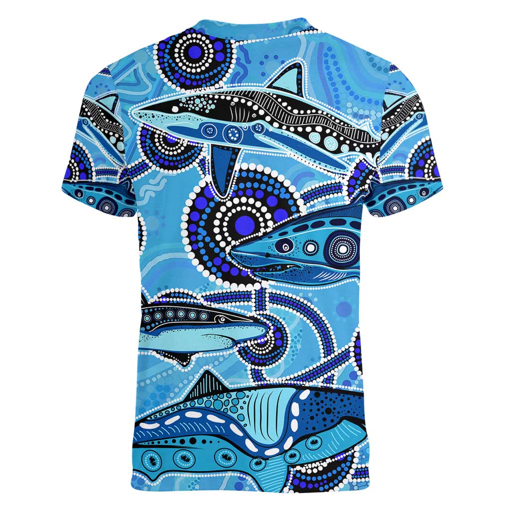 Sharks Aboriginal Australia Women V-Neck T-Shirt Indigenous Art Blue