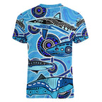Sharks Aboriginal Australia Women V-Neck T-Shirt Indigenous Art Blue
