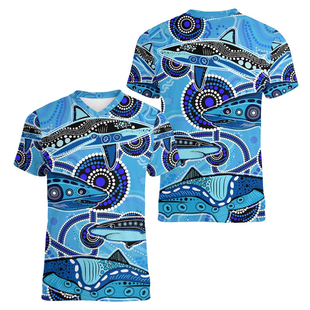 Sharks Aboriginal Australia Women V-Neck T-Shirt Indigenous Art Blue