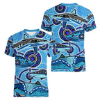 Sharks Aboriginal Australia Women V-Neck T-Shirt Indigenous Art Blue