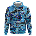 Sharks Aboriginal Australia Zip Hoodie Indigenous Art Blue