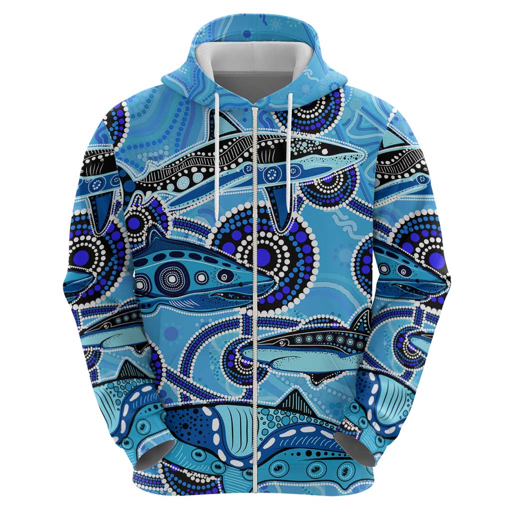 Sharks Aboriginal Australia Zip Hoodie Indigenous Art Blue