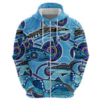 Sharks Aboriginal Australia Zip Hoodie Indigenous Art Blue