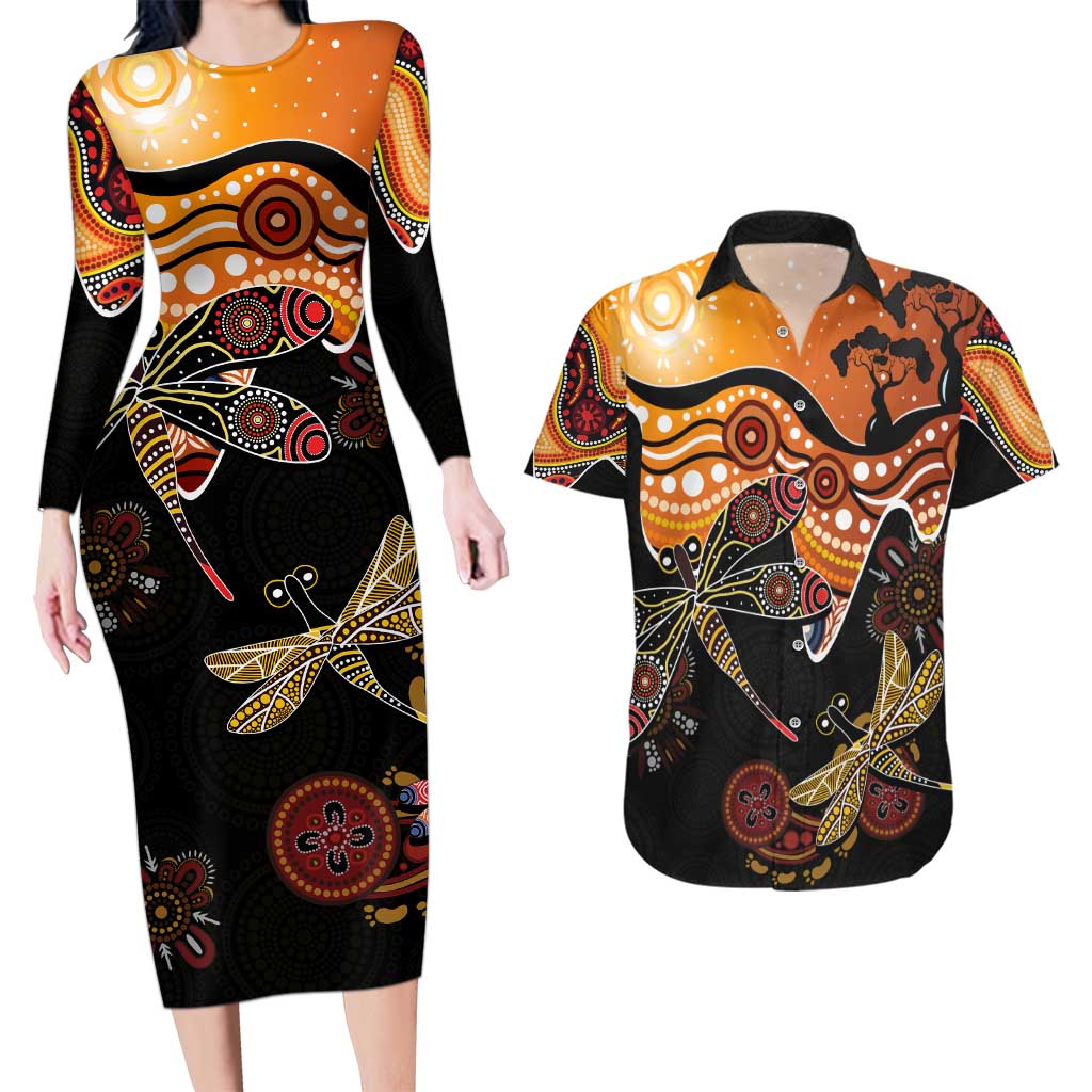 Dragonfly Aboriginal Australia Couples Matching Long Sleeve Bodycon Dress and Hawaiian Shirt Indigenous Art