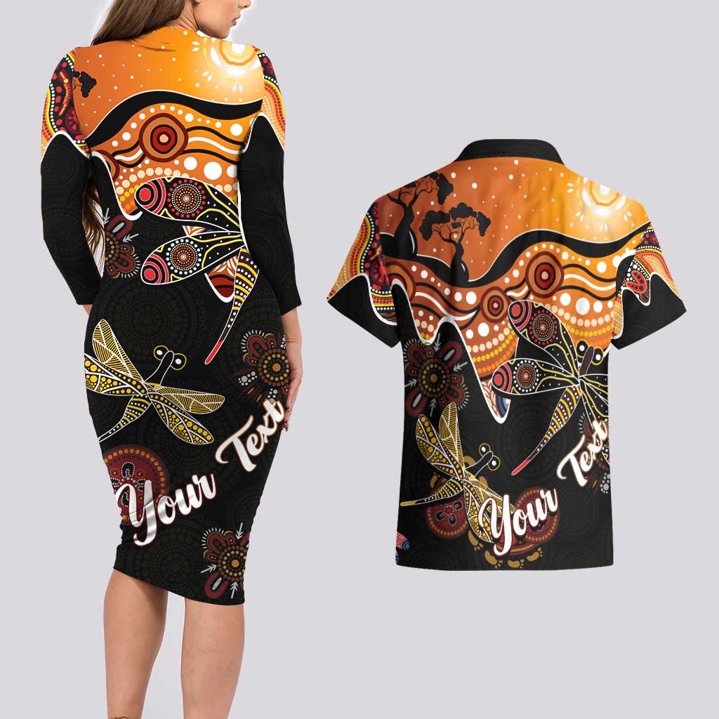 Dragonfly Aboriginal Australia Couples Matching Long Sleeve Bodycon Dress and Hawaiian Shirt Indigenous Art