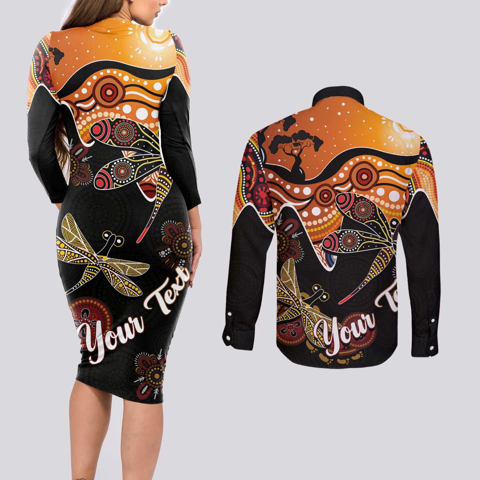 Dragonfly Aboriginal Australia Couples Matching Long Sleeve Bodycon Dress and Long Sleeve Button Shirt Indigenous Art