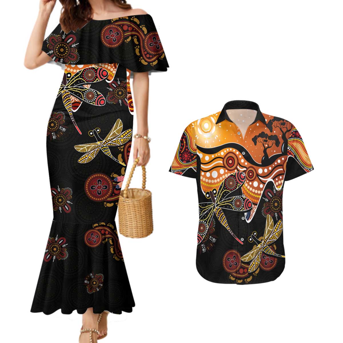 Dragonfly Aboriginal Australia Couples Matching Mermaid Dress and Hawaiian Shirt Indigenous Art