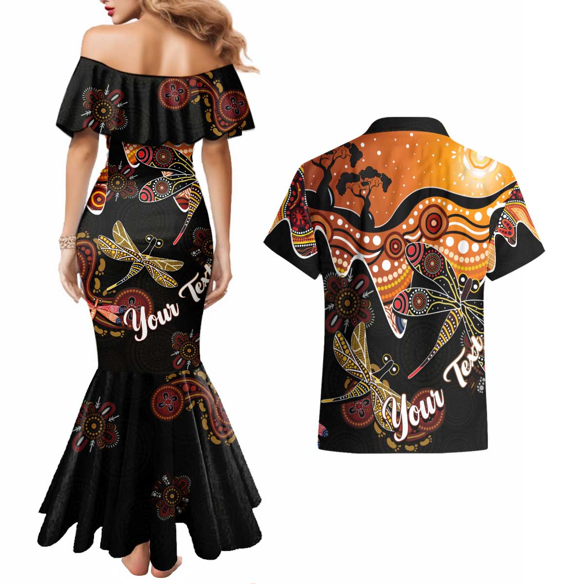 Dragonfly Aboriginal Australia Couples Matching Mermaid Dress and Hawaiian Shirt Indigenous Art