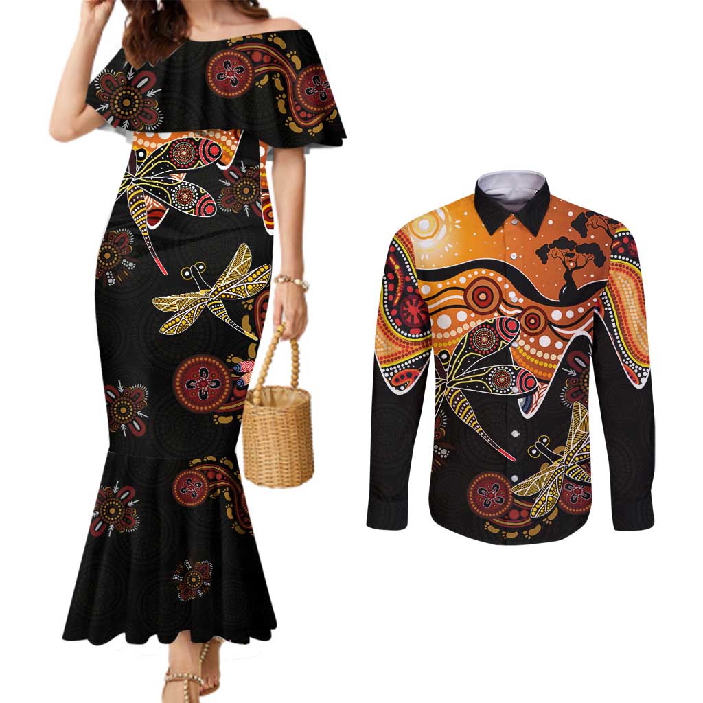 Dragonfly Aboriginal Australia Couples Matching Mermaid Dress and Long Sleeve Button Shirt Indigenous Art