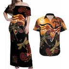Dragonfly Aboriginal Australia Couples Matching Off Shoulder Maxi Dress and Hawaiian Shirt Indigenous Art