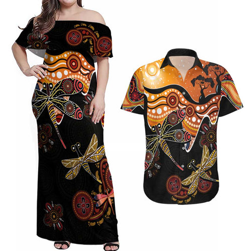 Dragonfly Aboriginal Australia Couples Matching Off Shoulder Maxi Dress and Hawaiian Shirt Indigenous Art