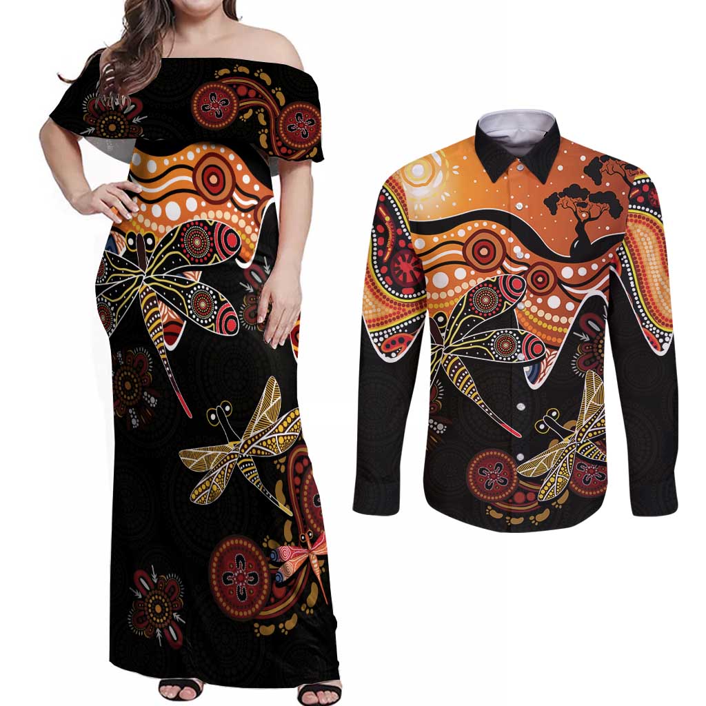 Dragonfly Aboriginal Australia Couples Matching Off Shoulder Maxi Dress and Long Sleeve Button Shirt Indigenous Art