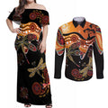 Dragonfly Aboriginal Australia Couples Matching Off Shoulder Maxi Dress and Long Sleeve Button Shirt Indigenous Art