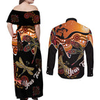 Dragonfly Aboriginal Australia Couples Matching Off Shoulder Maxi Dress and Long Sleeve Button Shirt Indigenous Art
