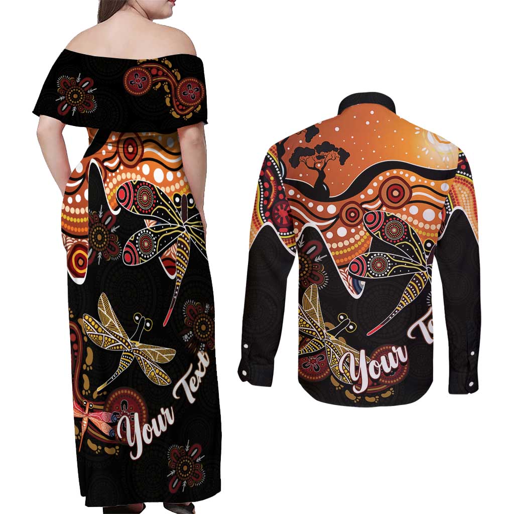 Dragonfly Aboriginal Australia Couples Matching Off Shoulder Maxi Dress and Long Sleeve Button Shirt Indigenous Art
