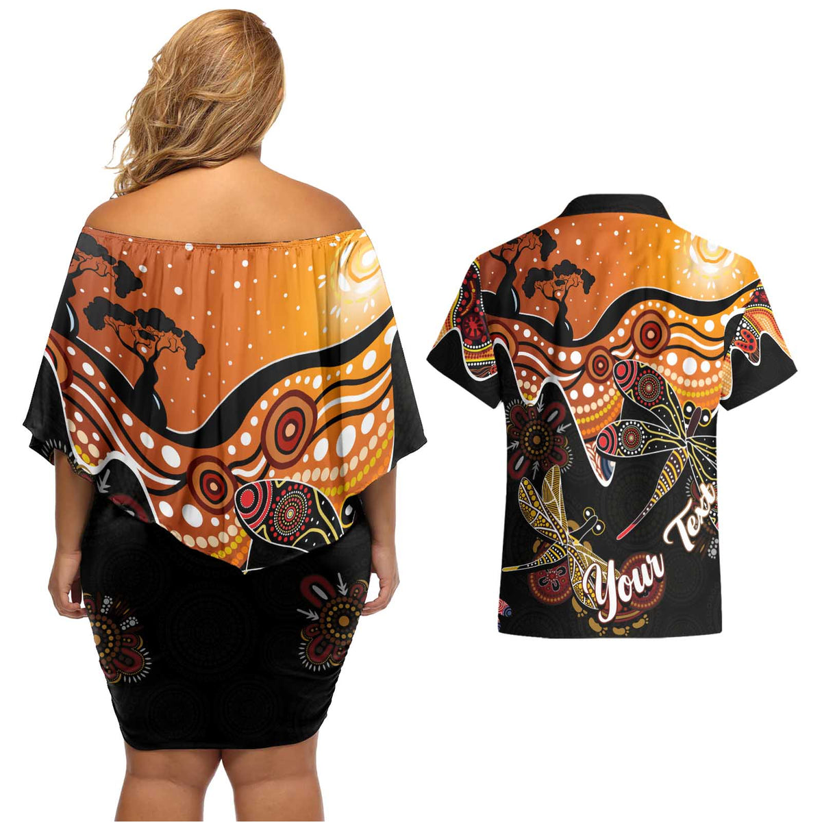 Dragonfly Aboriginal Australia Couples Matching Off Shoulder Short Dress and Hawaiian Shirt Indigenous Art