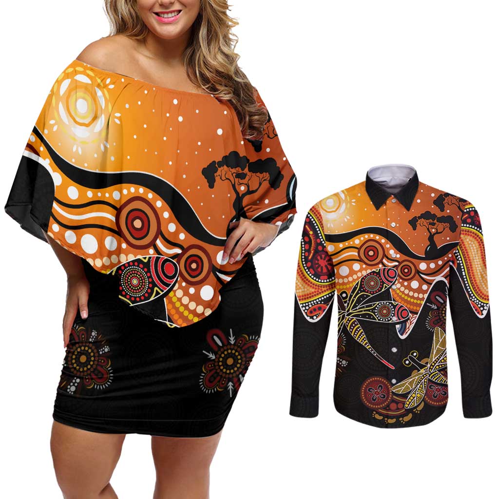 Dragonfly Aboriginal Australia Couples Matching Off Shoulder Short Dress and Long Sleeve Button Shirt Indigenous Art