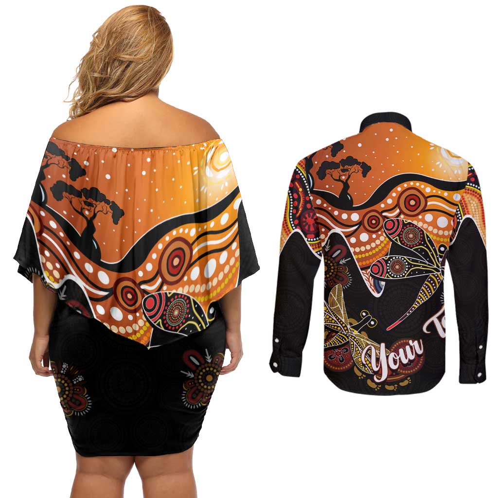 Dragonfly Aboriginal Australia Couples Matching Off Shoulder Short Dress and Long Sleeve Button Shirt Indigenous Art