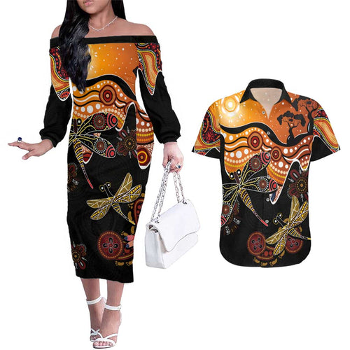 Dragonfly Aboriginal Australia Couples Matching Off The Shoulder Long Sleeve Dress and Hawaiian Shirt Indigenous Art