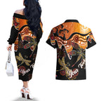 Dragonfly Aboriginal Australia Couples Matching Off The Shoulder Long Sleeve Dress and Hawaiian Shirt Indigenous Art