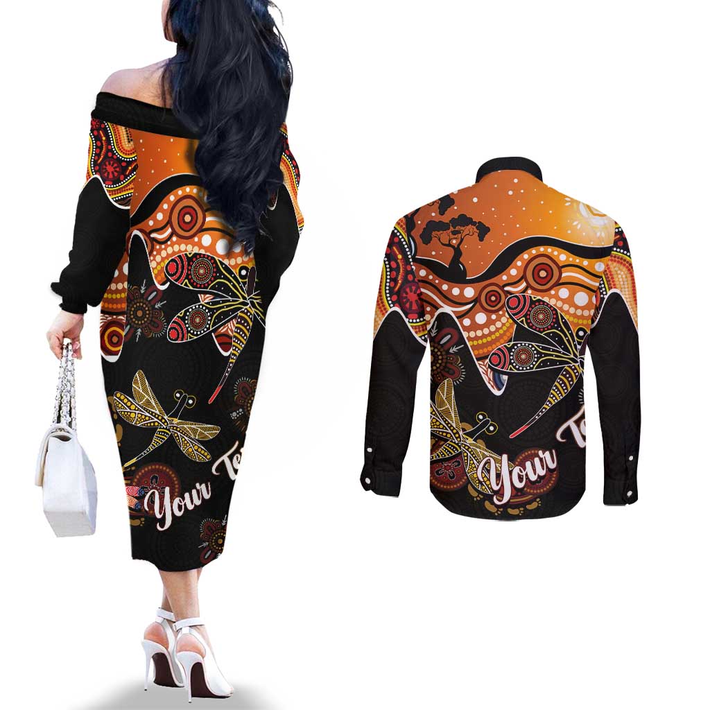 Dragonfly Aboriginal Australia Couples Matching Off The Shoulder Long Sleeve Dress and Long Sleeve Button Shirt Indigenous Art