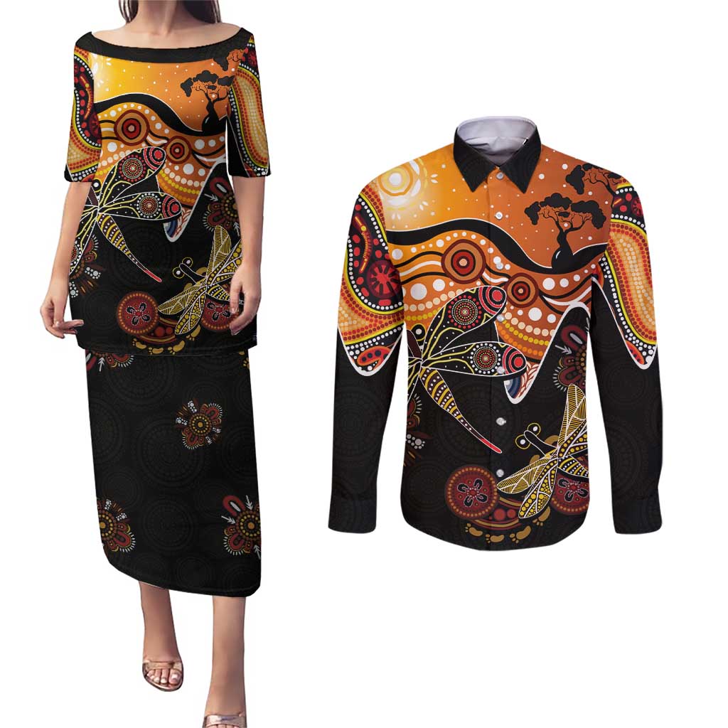 Dragonfly Aboriginal Australia Couples Matching Puletasi and Long Sleeve Button Shirt Indigenous Art
