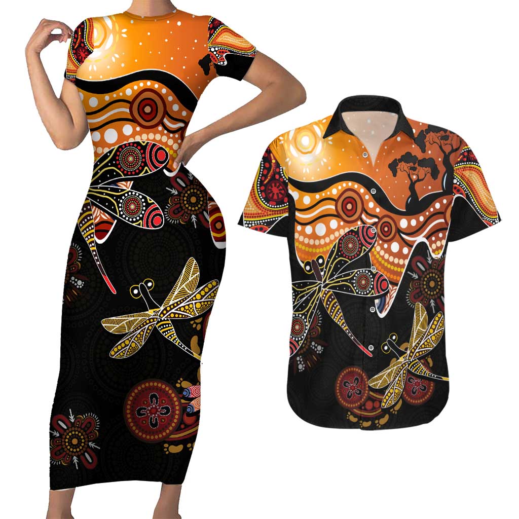 Dragonfly Aboriginal Australia Couples Matching Short Sleeve Bodycon Dress and Hawaiian Shirt Indigenous Art