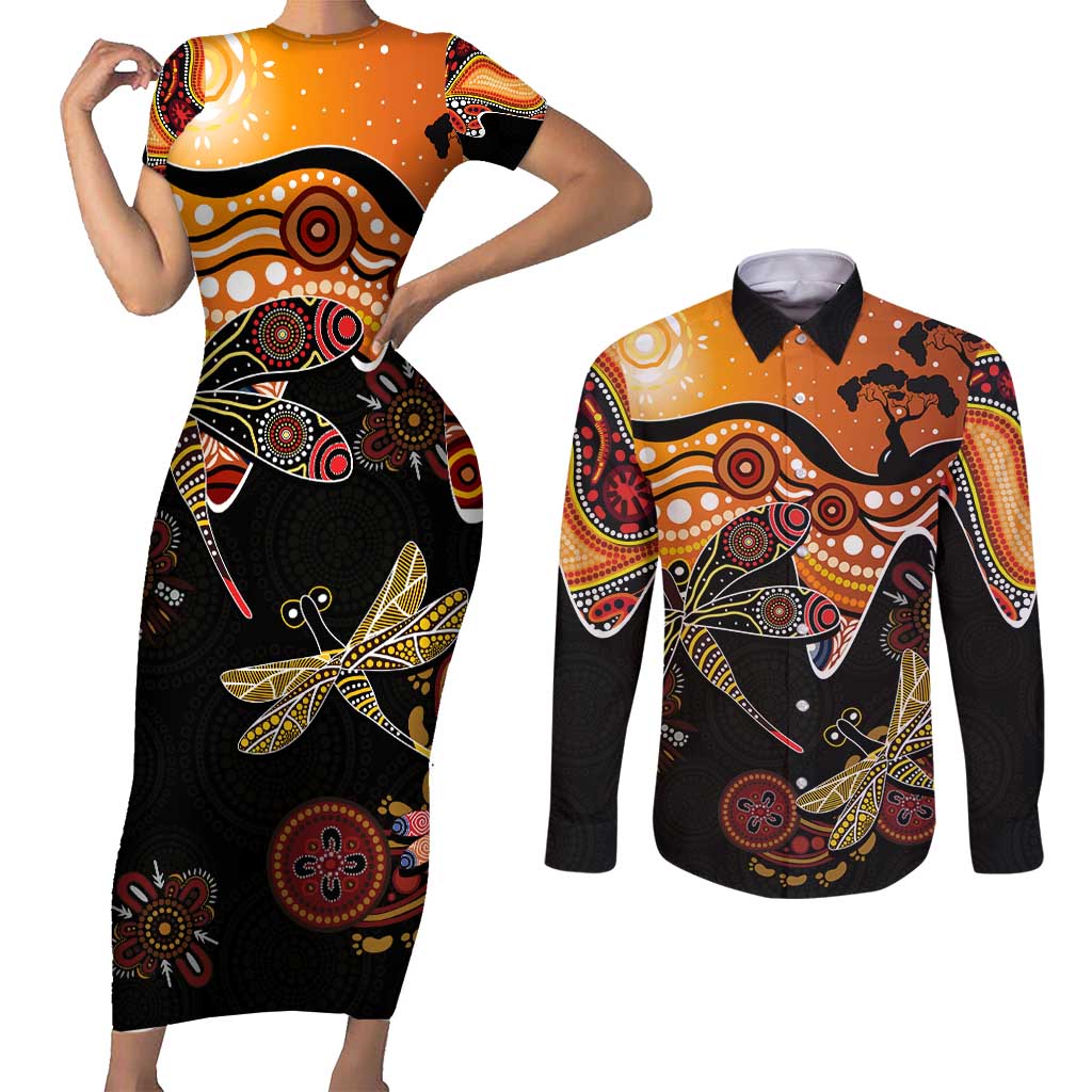 Dragonfly Aboriginal Australia Couples Matching Short Sleeve Bodycon Dress and Long Sleeve Button Shirt Indigenous Art