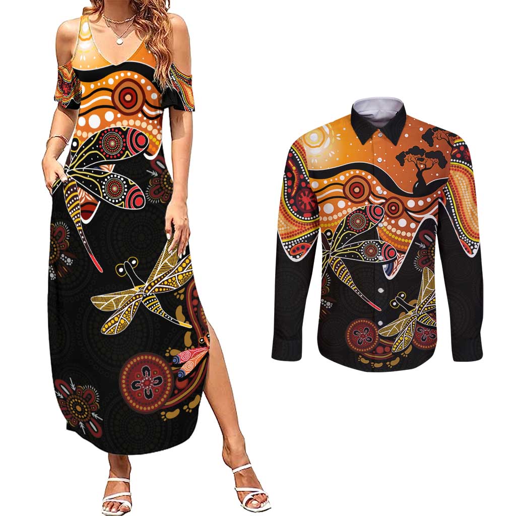 Dragonfly Aboriginal Australia Couples Matching Summer Maxi Dress and Long Sleeve Button Shirt Indigenous Art