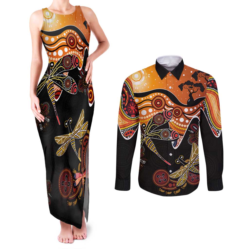 Dragonfly Aboriginal Australia Couples Matching Tank Maxi Dress and Long Sleeve Button Shirt Indigenous Art