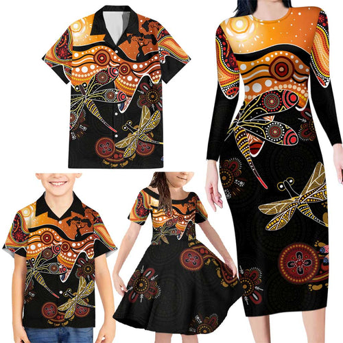 Dragonfly Aboriginal Australia Family Matching Long Sleeve Bodycon Dress and Hawaiian Shirt Indigenous Art