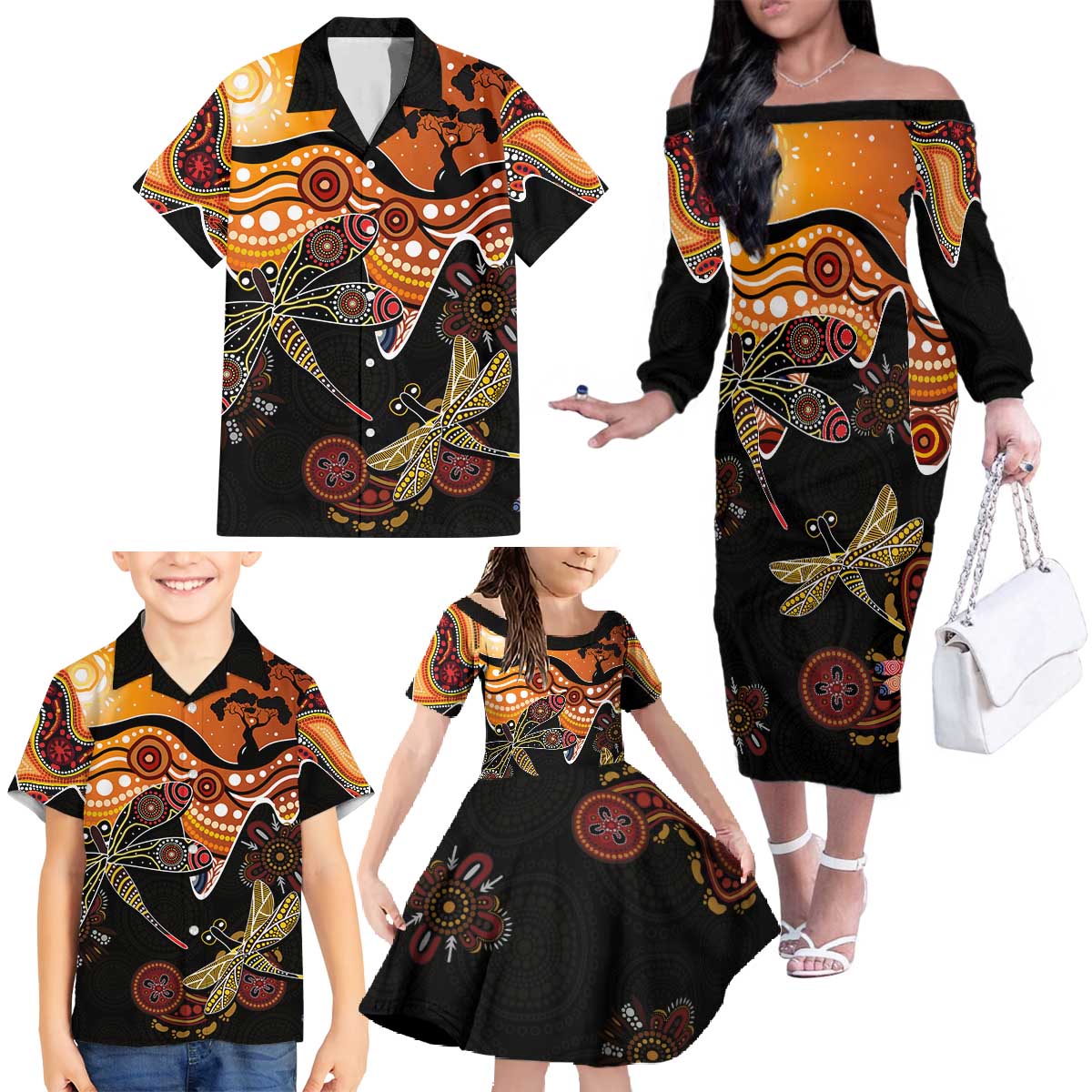 Dragonfly Aboriginal Australia Family Matching Off The Shoulder Long Sleeve Dress and Hawaiian Shirt Indigenous Art