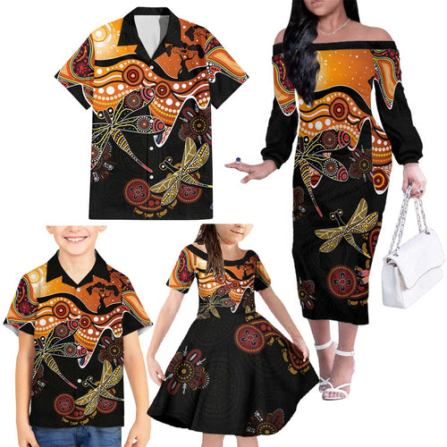 Dragonfly Aboriginal Australia Family Matching Off The Shoulder Long Sleeve Dress and Hawaiian Shirt Indigenous Art