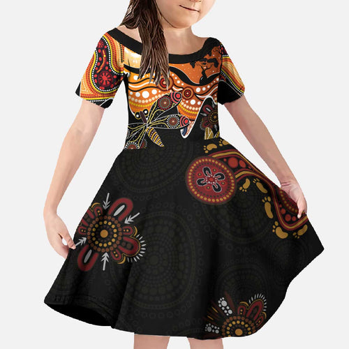 Dragonfly Aboriginal Australia Family Matching Off The Shoulder Long Sleeve Dress and Hawaiian Shirt Indigenous Art