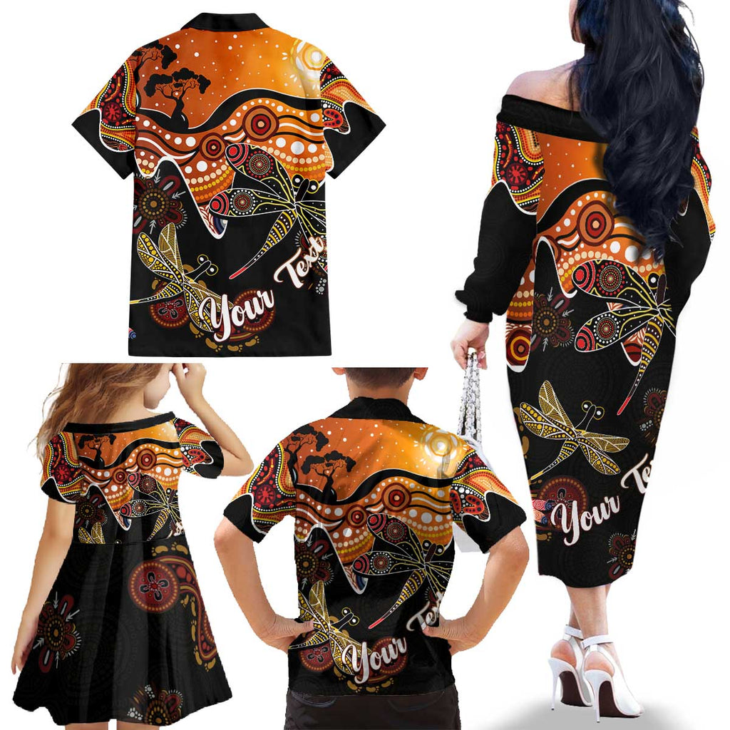 Dragonfly Aboriginal Australia Family Matching Off The Shoulder Long Sleeve Dress and Hawaiian Shirt Indigenous Art