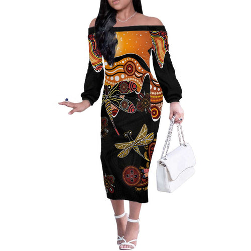 Dragonfly Aboriginal Australia Family Matching Off The Shoulder Long Sleeve Dress and Hawaiian Shirt Indigenous Art