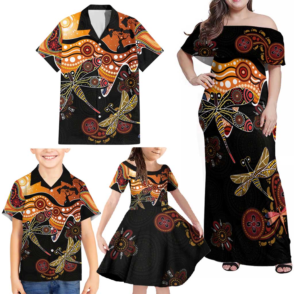 Dragonfly Aboriginal Australia Family Matching Off Shoulder Maxi Dress and Hawaiian Shirt Indigenous Art