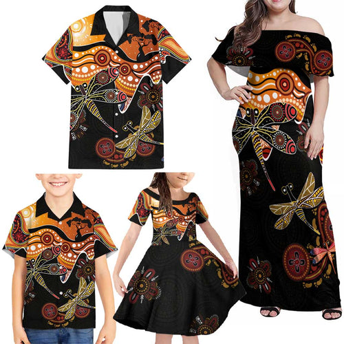 Dragonfly Aboriginal Australia Family Matching Off Shoulder Maxi Dress and Hawaiian Shirt Indigenous Art