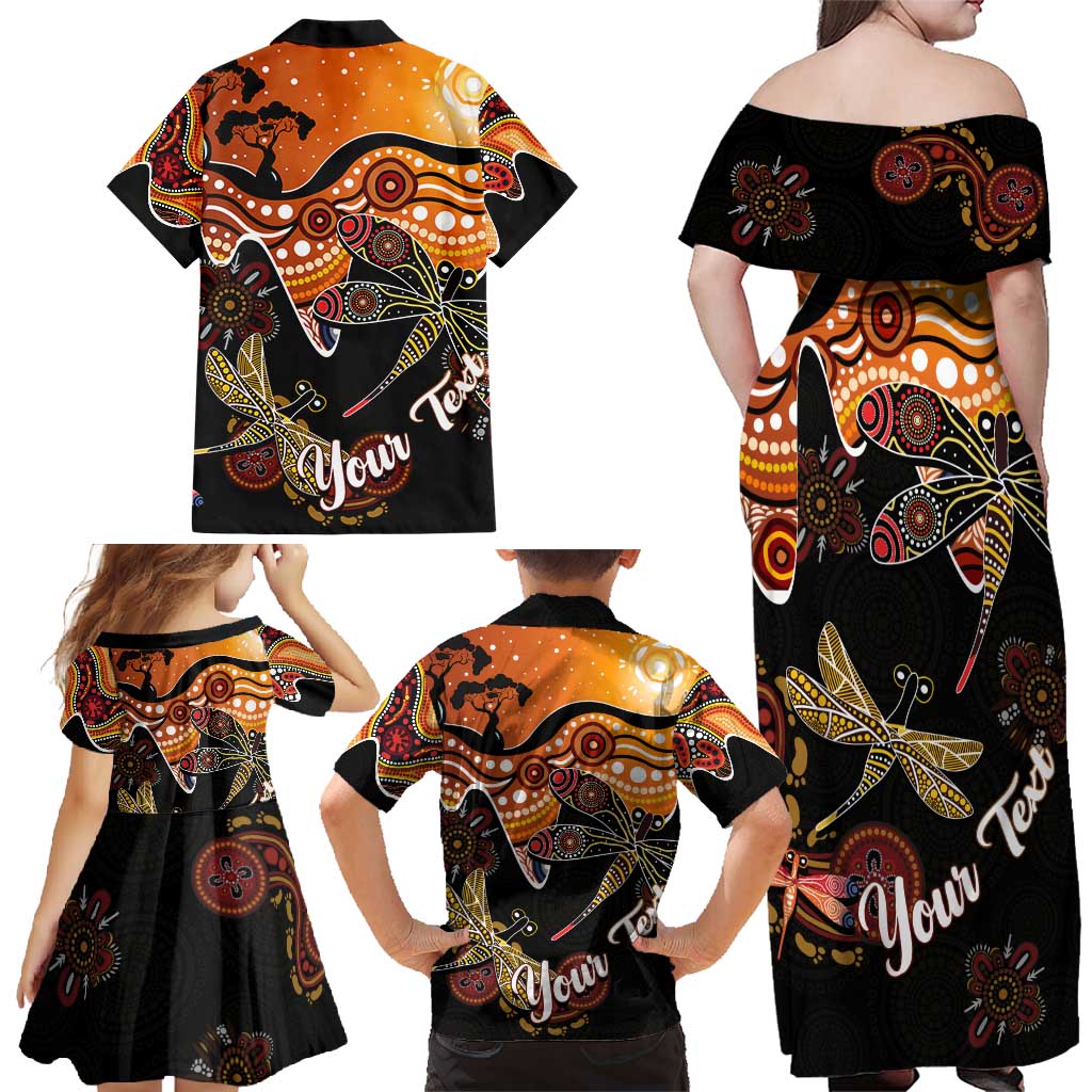 Dragonfly Aboriginal Australia Family Matching Off Shoulder Maxi Dress and Hawaiian Shirt Indigenous Art