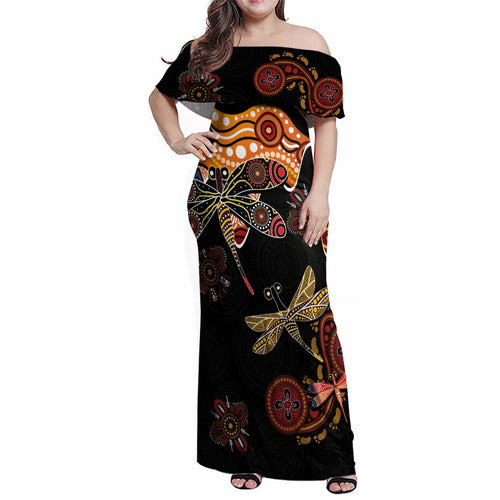 Dragonfly Aboriginal Australia Family Matching Off Shoulder Maxi Dress and Hawaiian Shirt Indigenous Art