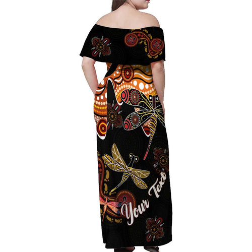 Dragonfly Aboriginal Australia Family Matching Off Shoulder Maxi Dress and Hawaiian Shirt Indigenous Art