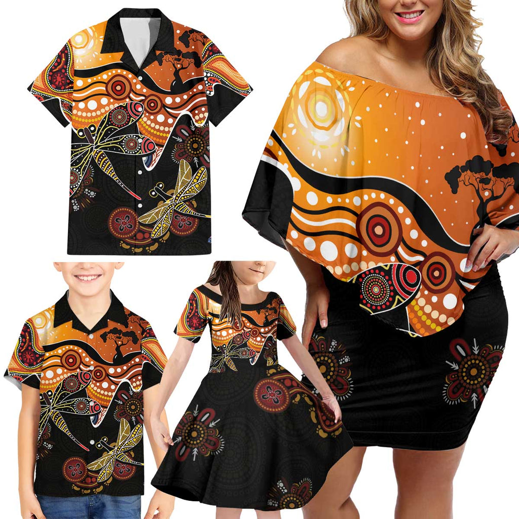 Dragonfly Aboriginal Australia Family Matching Off Shoulder Short Dress and Hawaiian Shirt Indigenous Art