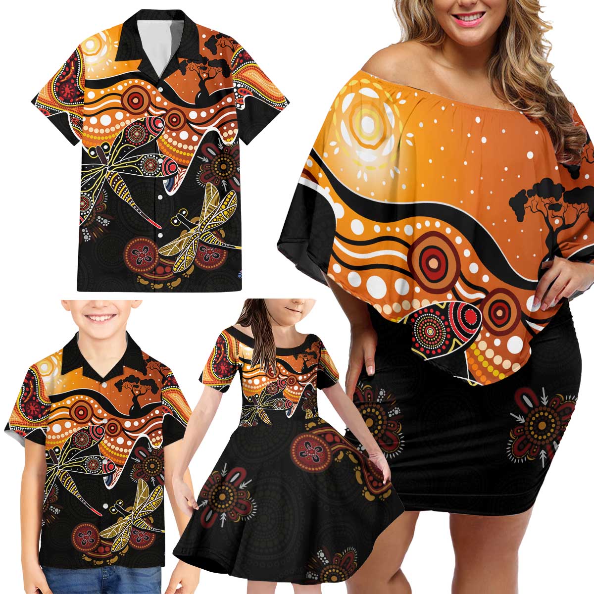 Dragonfly Aboriginal Australia Family Matching Off Shoulder Short Dress and Hawaiian Shirt Indigenous Art