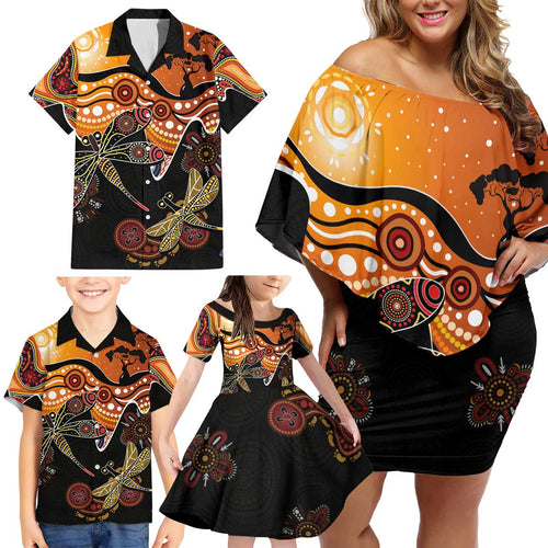 Dragonfly Aboriginal Australia Family Matching Off Shoulder Short Dress and Hawaiian Shirt Indigenous Art