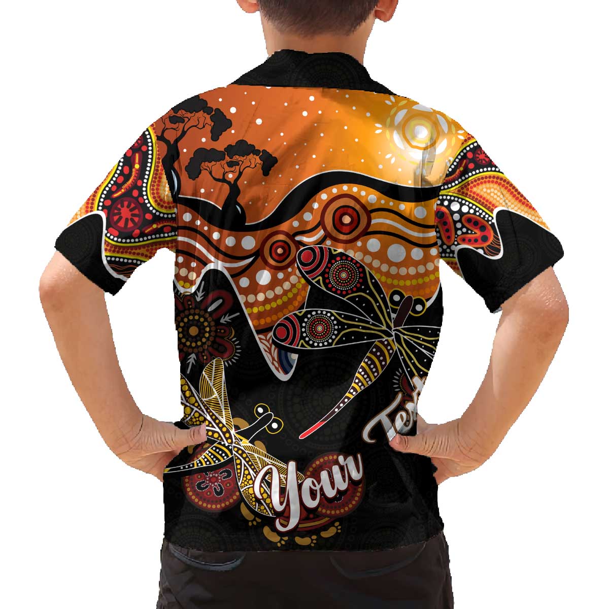 Dragonfly Aboriginal Australia Family Matching Off Shoulder Short Dress and Hawaiian Shirt Indigenous Art
